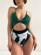 One-piece swimsuit with cutouts print, Green, XS