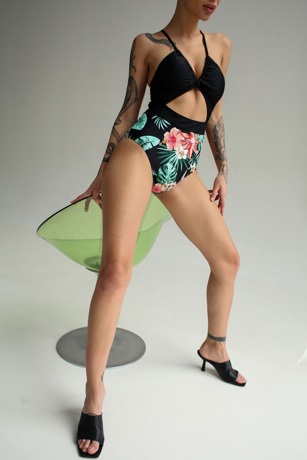 One-piece swimsuit with cutouts print, Black, XS