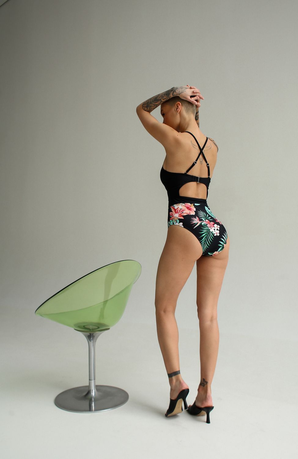 One-piece swimsuit with cutouts print, Black, XS