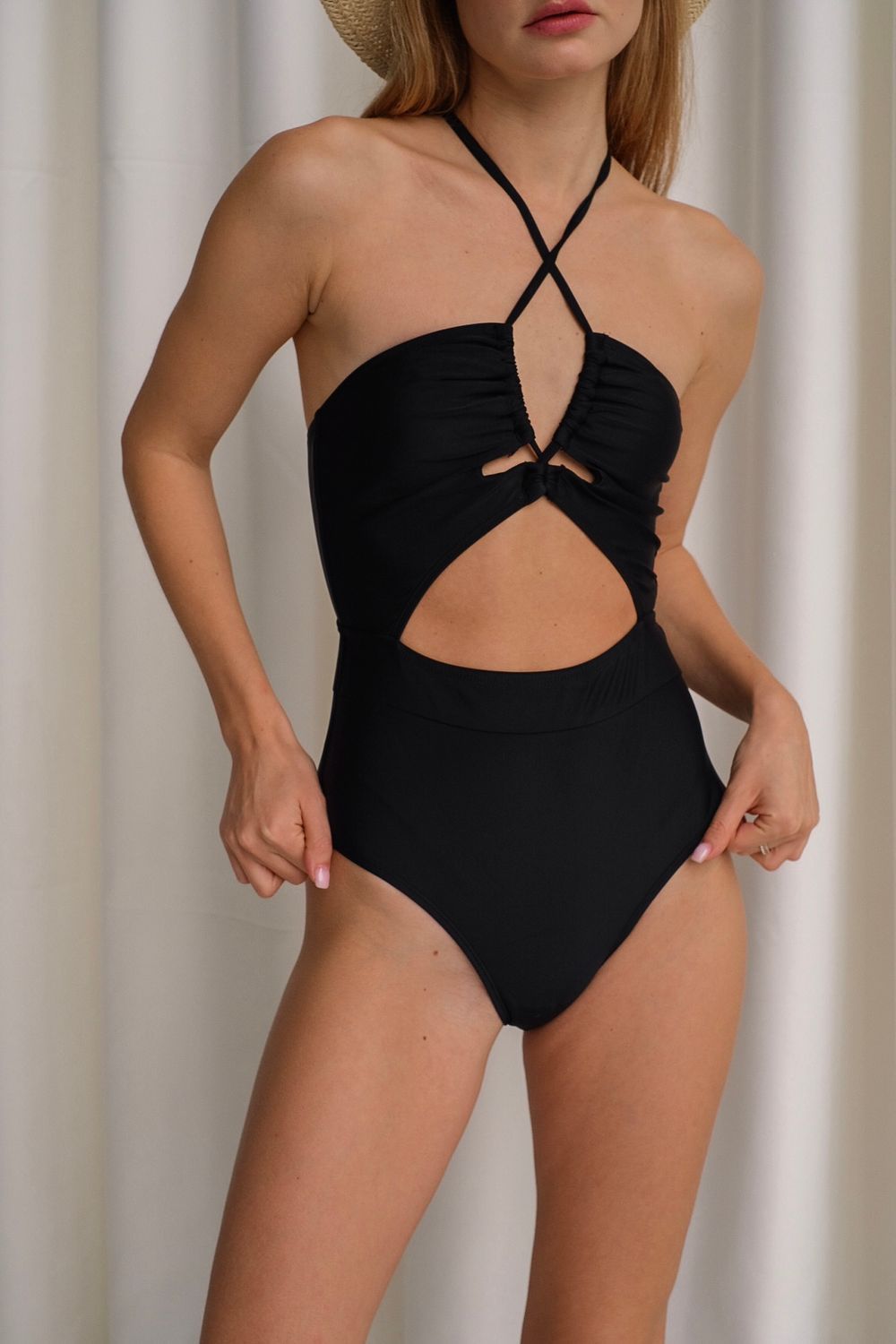 One-piece swimsuit with cutouts, Black, XS